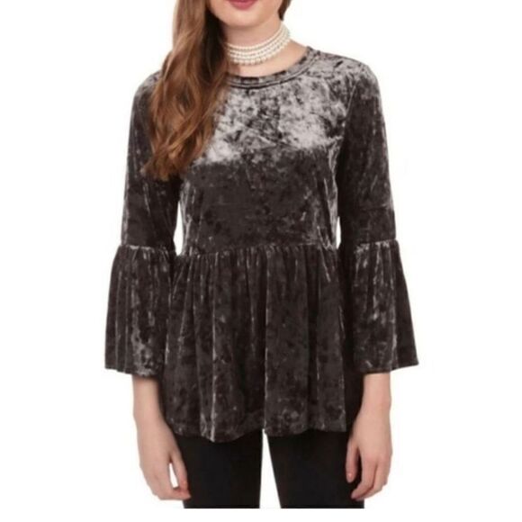 CUPIO BELL SLEEVE VELVET PEPLUM GRAY GREY TOP WOMENS SIZE S - Picture 1 of 6